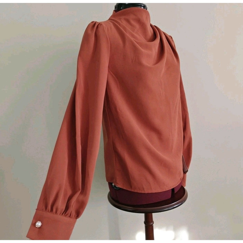 Shein Bizwear Women's Blouse High Neck Orange Pleated Asymmetrical‎ Draped Flowy